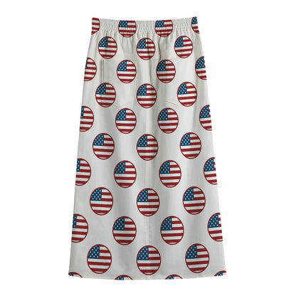 American Circle Flag Pattern Print Cotton Front Slit Maxi Skirt