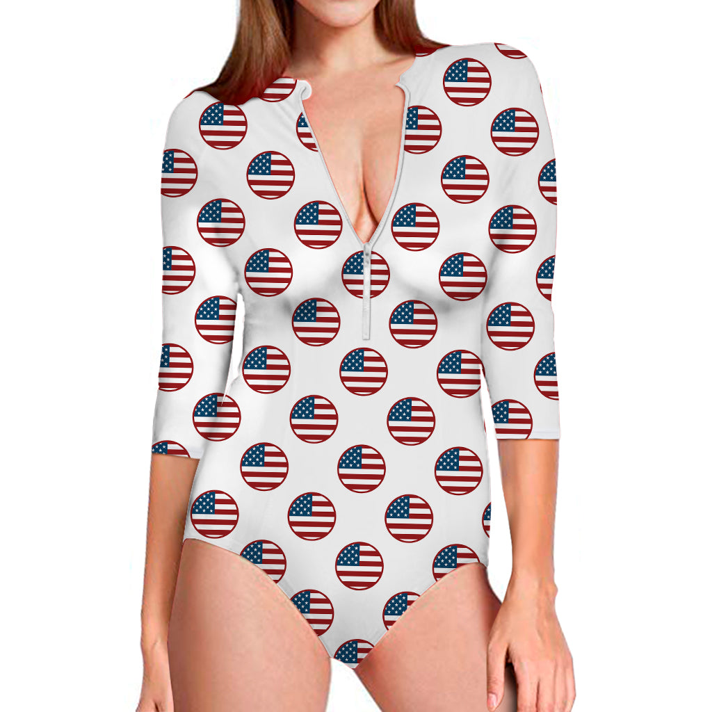 American Circle Flag Pattern Print Long Sleeve Swimsuit