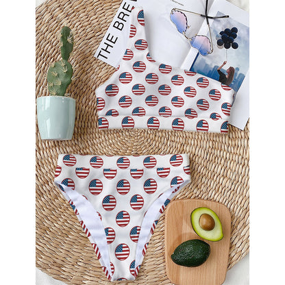 American Circle Flag Pattern Print One Shoulder Bikini Top