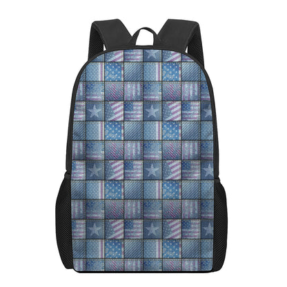 American Denim Patchwork Pattern Print 17 Inch Backpack