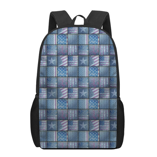 American Denim Patchwork Pattern Print 17 Inch Backpack