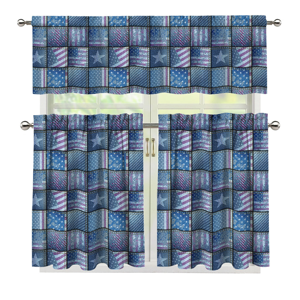American Denim Patchwork Pattern Print 3 Piece Kitchen Curtains