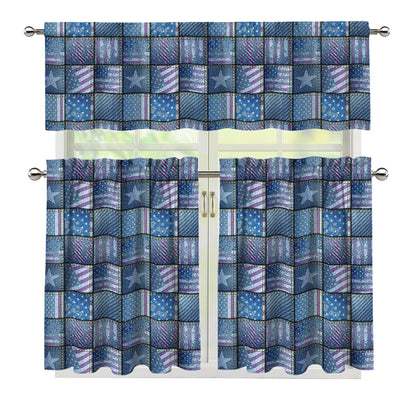 American Denim Patchwork Pattern Print 3 Piece Kitchen Curtains