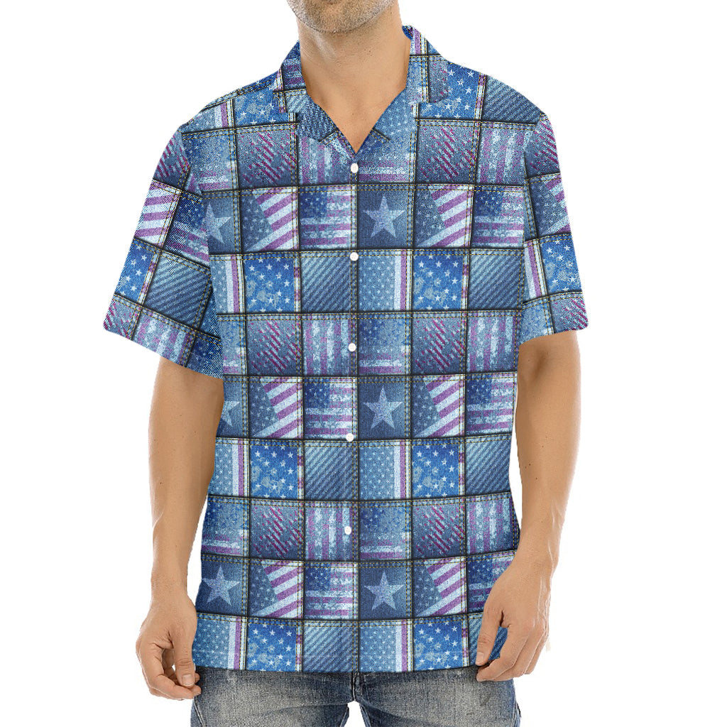 American Denim Patchwork Pattern Print Aloha Shirt