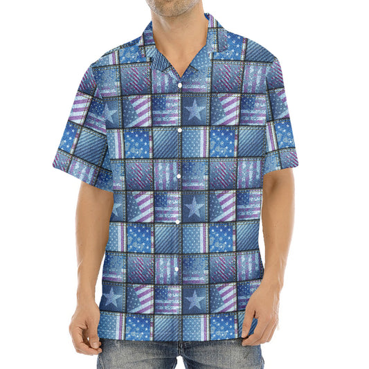 American Denim Patchwork Pattern Print Aloha Shirt