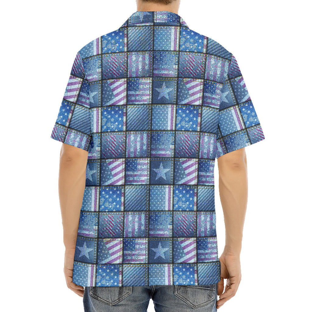 American Denim Patchwork Pattern Print Aloha Shirt