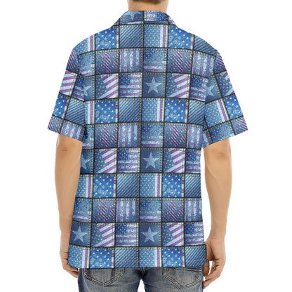 American Denim Patchwork Pattern Print Aloha Shirt