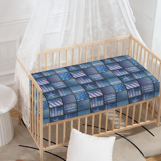American Denim Patchwork Pattern Print Baby Crib Sheet