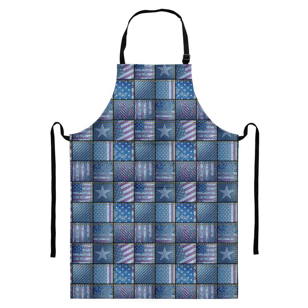 American Denim Patchwork Pattern Print Bib Apron With Pocket