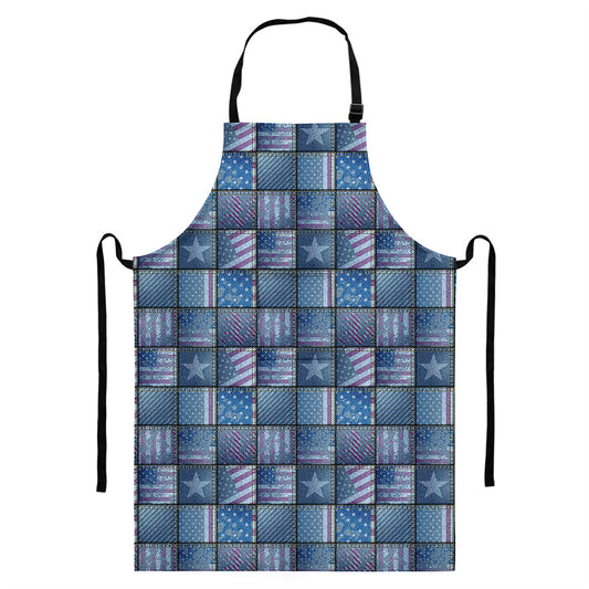American Denim Patchwork Pattern Print Bib Apron With Pocket
