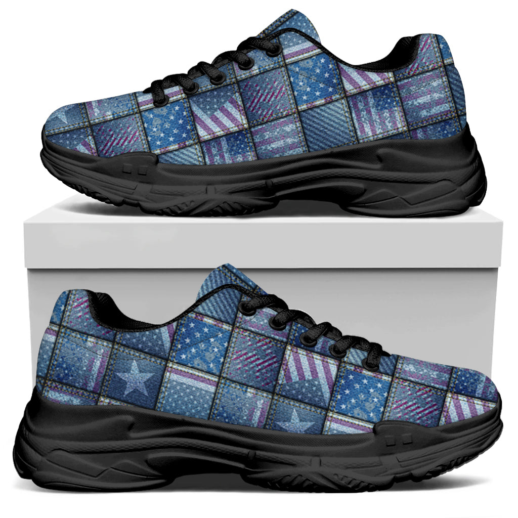 American Denim Patchwork Pattern Print Black Chunky Shoes