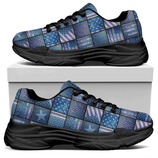 American Denim Patchwork Pattern Print Black Chunky Shoes
