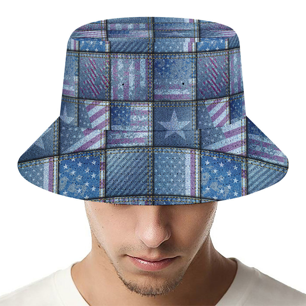 American Denim Patchwork Pattern Print Bucket Hat