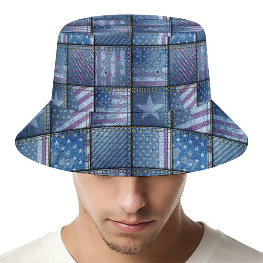 American Denim Patchwork Pattern Print Bucket Hat