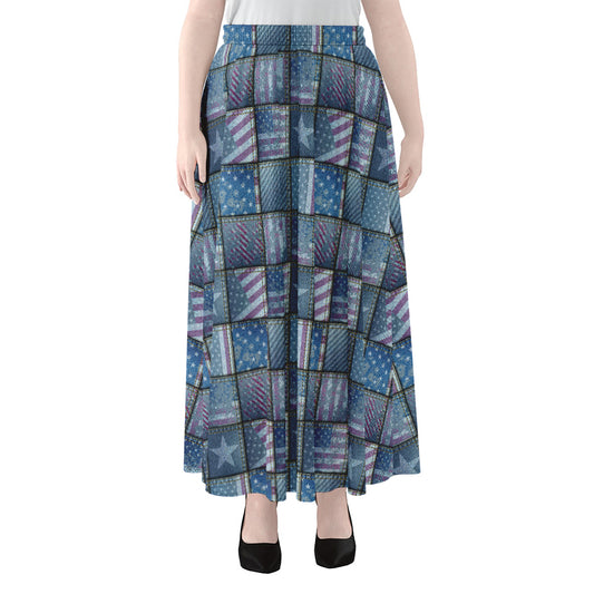 American Denim Patchwork Pattern Print Chiffon Maxi Skirt