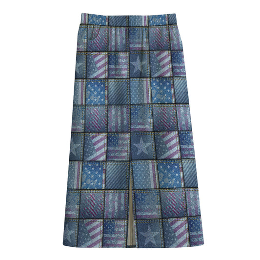 American Denim Patchwork Pattern Print Cotton Front Slit Maxi Skirt