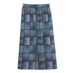 American Denim Patchwork Pattern Print Cotton Front Slit Maxi Skirt