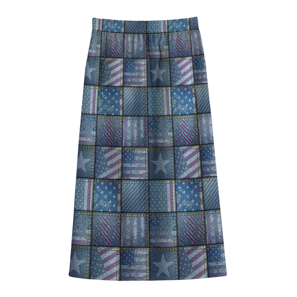 American Denim Patchwork Pattern Print Cotton Front Slit Maxi Skirt