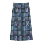 American Denim Patchwork Pattern Print Cotton Front Slit Maxi Skirt