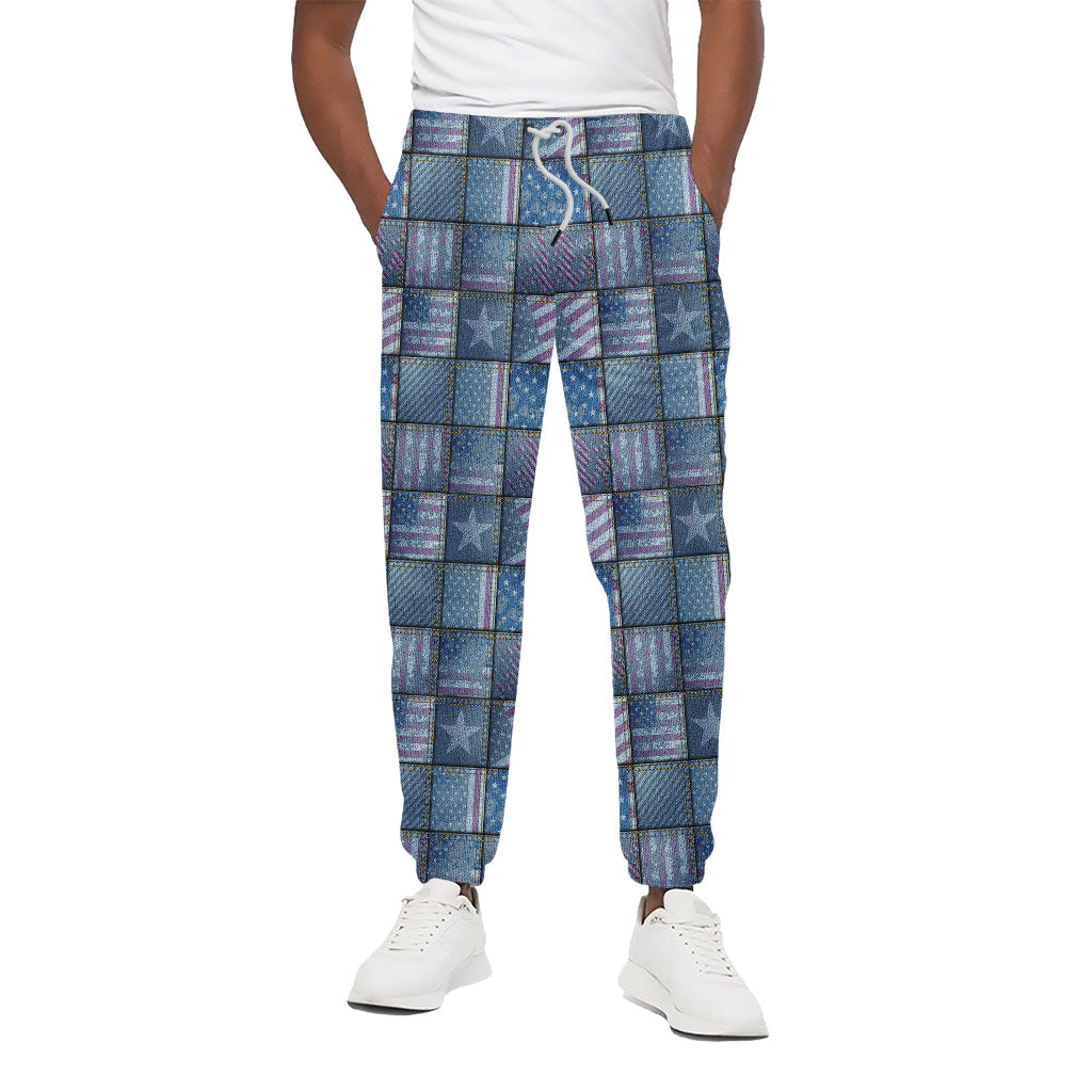 American Denim Patchwork Pattern Print Cotton Pants