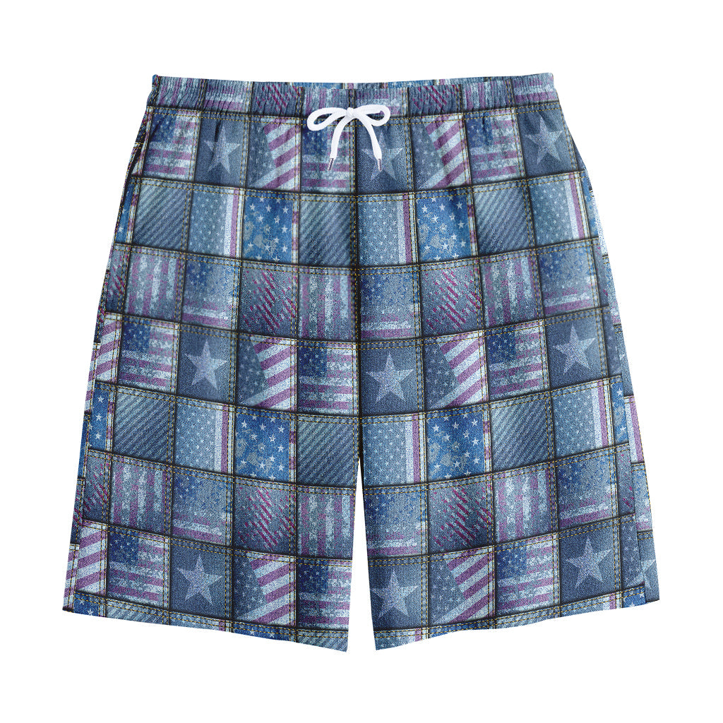 American Denim Patchwork Pattern Print Cotton Shorts