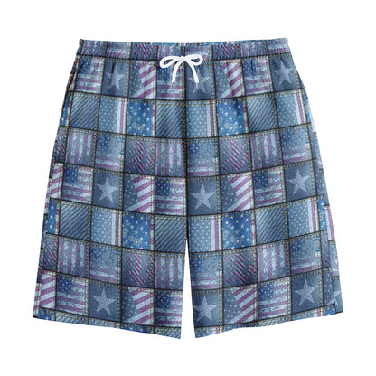 American Denim Patchwork Pattern Print Cotton Shorts