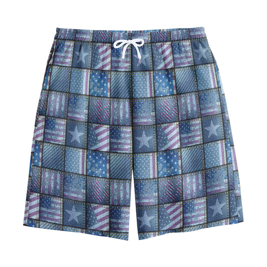 American Denim Patchwork Pattern Print Cotton Shorts