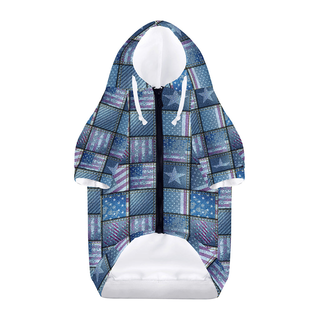 American Denim Patchwork Pattern Print Dog Zip Up Hoodie