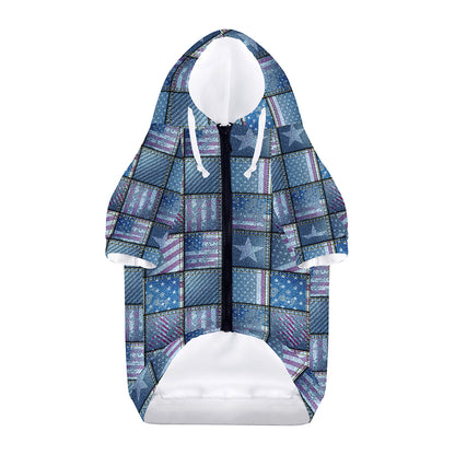 American Denim Patchwork Pattern Print Dog Zip Up Hoodie