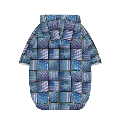 American Denim Patchwork Pattern Print Dog Zip Up Hoodie
