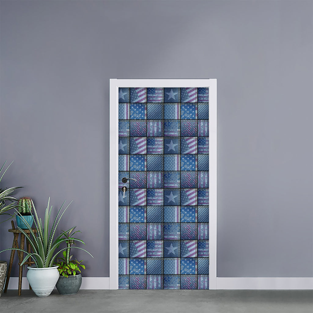 American Denim Patchwork Pattern Print Door Sticker