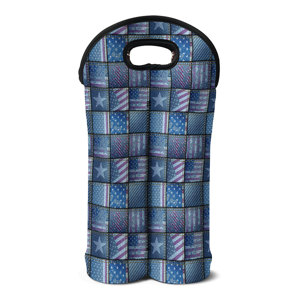 American Denim Patchwork Pattern Print Double Neoprene Wine Tote