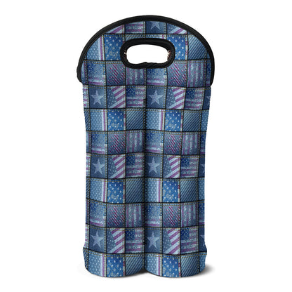 American Denim Patchwork Pattern Print Double Neoprene Wine Tote