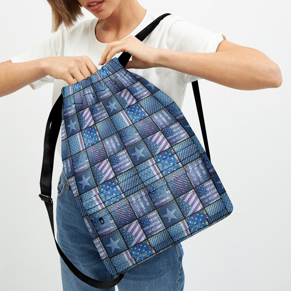 American Denim Patchwork Pattern Print Drawstring Backpack