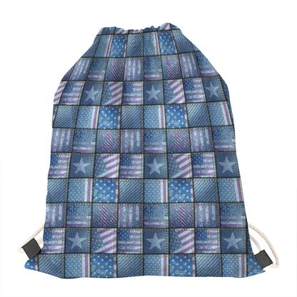 American Denim Patchwork Pattern Print Drawstring Bag