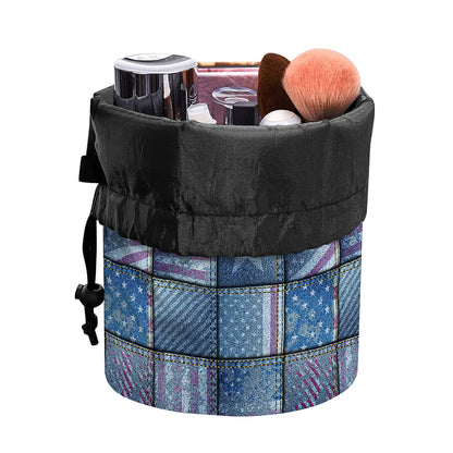 American Denim Patchwork Pattern Print Drawstring Makeup Bag