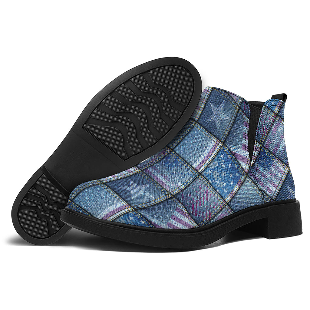 American Denim Patchwork Pattern Print Flat Ankle Boots