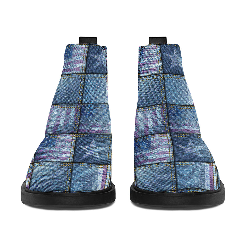 American Denim Patchwork Pattern Print Flat Ankle Boots