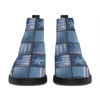 American Denim Patchwork Pattern Print Flat Ankle Boots