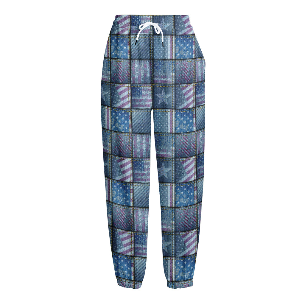 American Denim Patchwork Pattern Print Fleece Lined Knit Pants