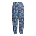American Denim Patchwork Pattern Print Fleece Lined Knit Pants