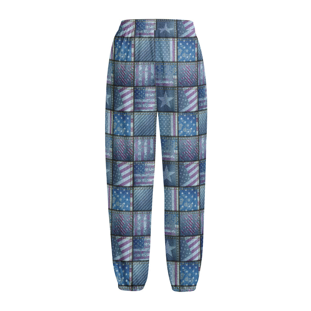 American Denim Patchwork Pattern Print Fleece Lined Knit Pants