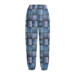 American Denim Patchwork Pattern Print Fleece Lined Knit Pants