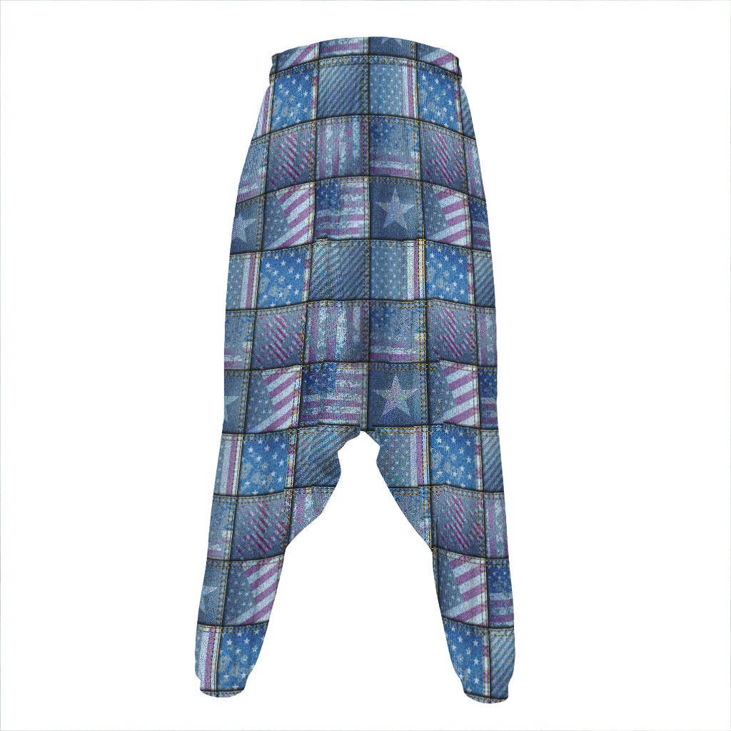 American Denim Patchwork Pattern Print Hammer Pants