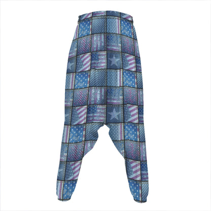 American Denim Patchwork Pattern Print Hammer Pants