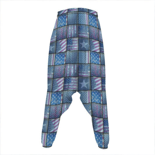 American Denim Patchwork Pattern Print Hammer Pants