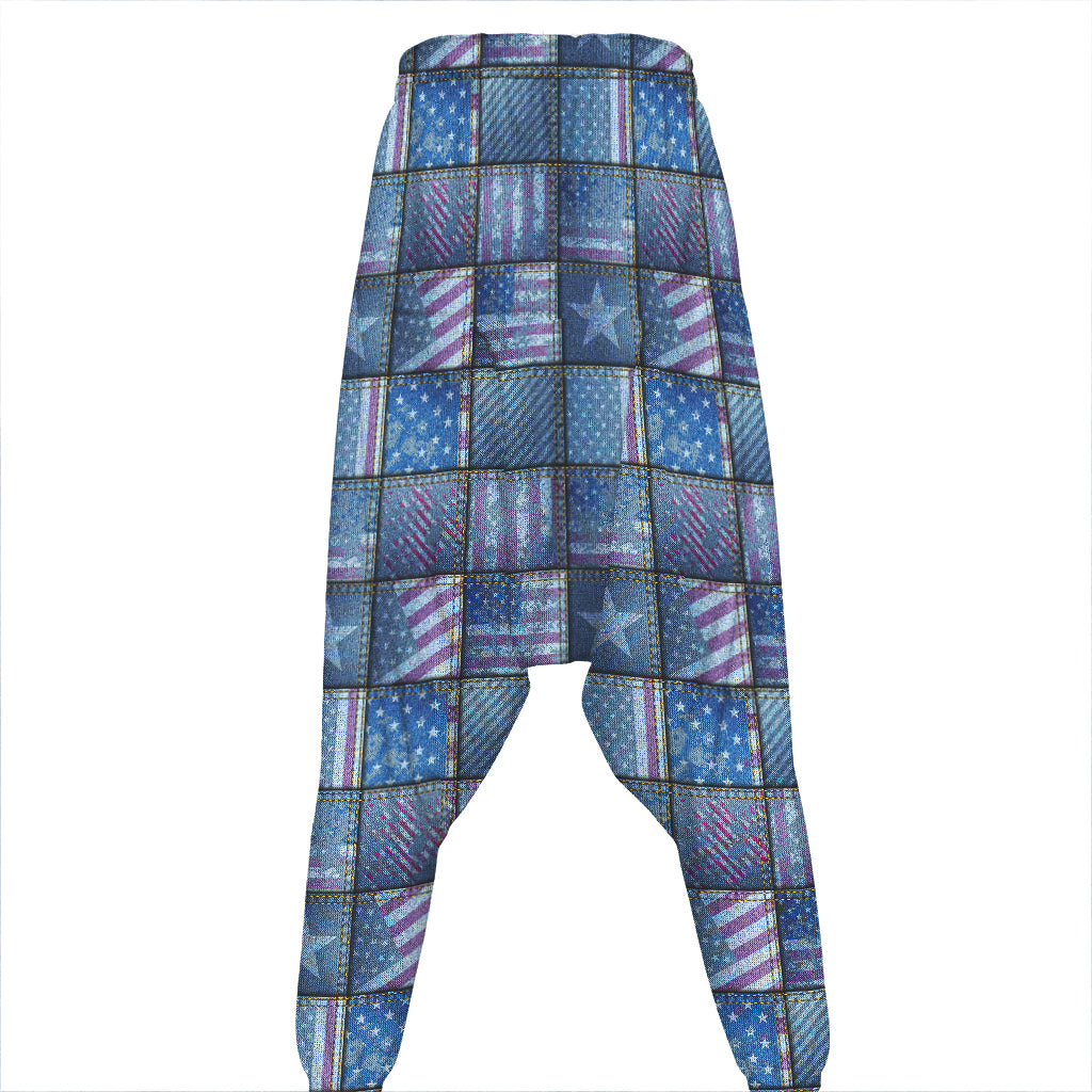 American Denim Patchwork Pattern Print Hammer Pants