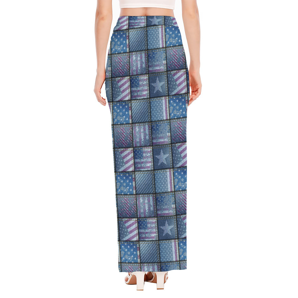 American Denim Patchwork Pattern Print High Slit Maxi Skirt