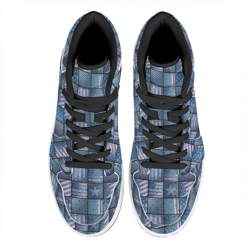 American Denim Patchwork Pattern Print High Top Leather Sneakers
