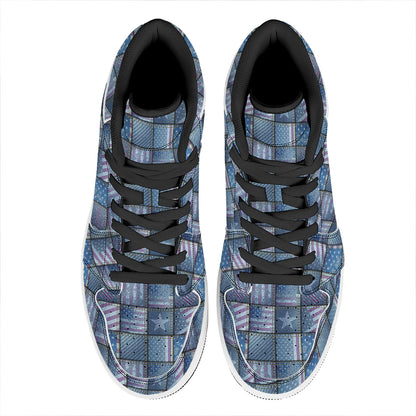 American Denim Patchwork Pattern Print High Top Leather Sneakers